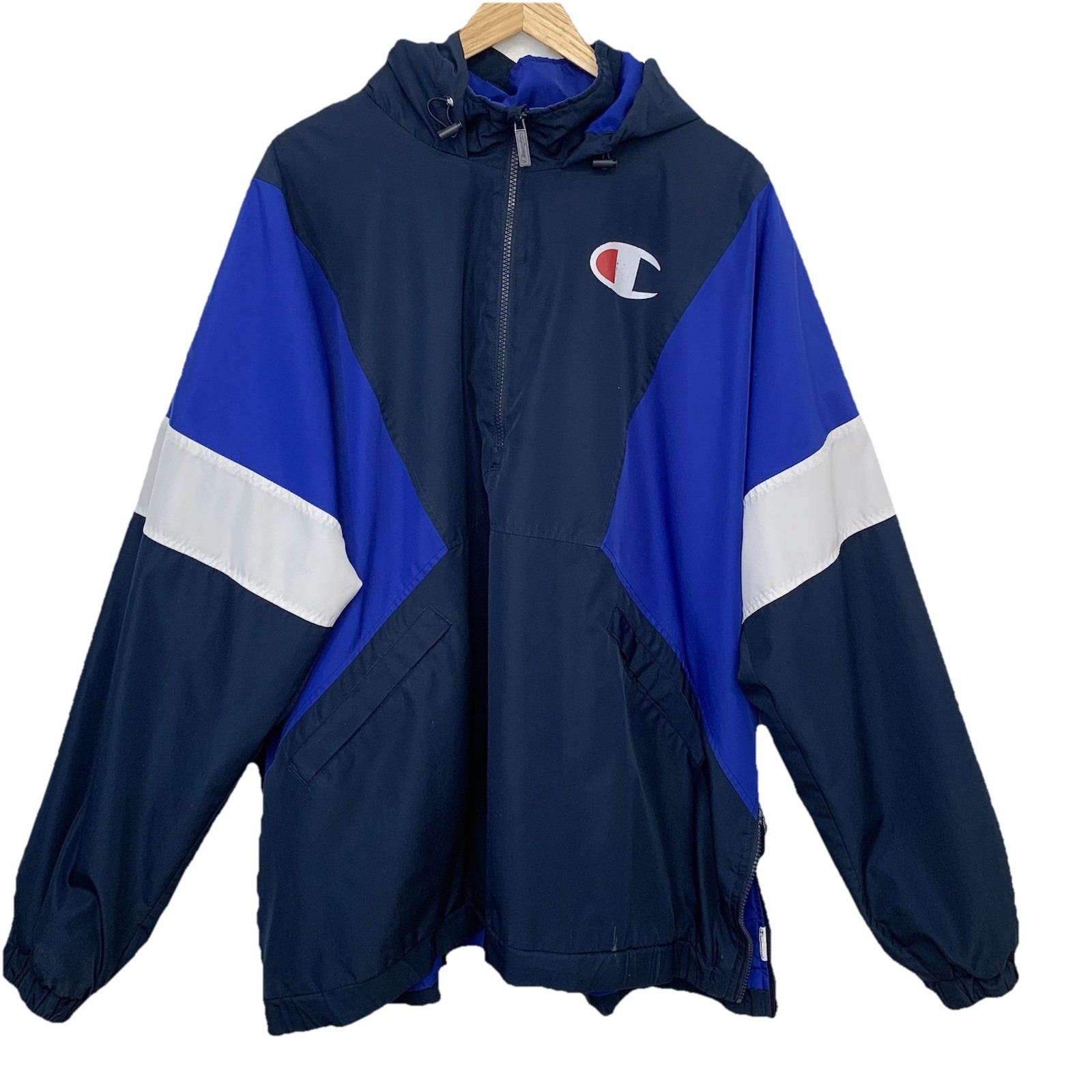 Champion Stadium Jacket Men 2xl Y2k Hood Pull Over Color Block Windbreaker Read